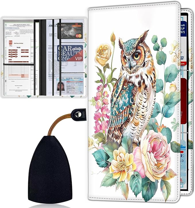 Car Registration Holder, Waterproof PU Leather Vehicle Card Document Glove Box Organizer, Women Interior Auto Accessories Case for Cards, Driver License Car Insurance Holder, Watercolor Owl + Flowers