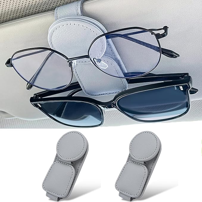 KIWEN 2 Pack Sunglasses Holder for Car Visor, Magnetic Leather Sunglass Eyeglass Hanger Clip for Car Sun Visor Accessories (2, Red)