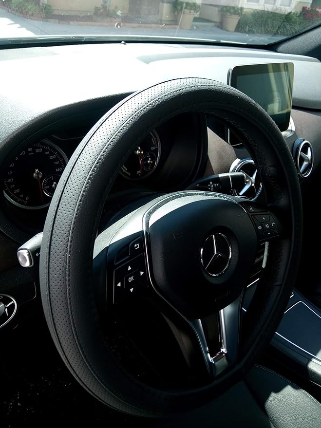 Jdragon Full Black PU Leather Great Comfort Slip-On Steering Wheel Cover 14.25-15" Diameter