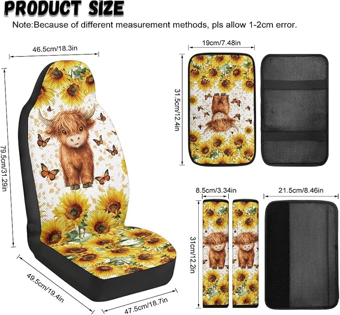 Qeluxign 5 Piece Car Seat Covers Full Set for Men Women PU Leather Front Seats Cover Auto Seatbelt Shoulder Pads Vehicle Center Console Armrest Cover,Highland Calf Sunflower Butterfly