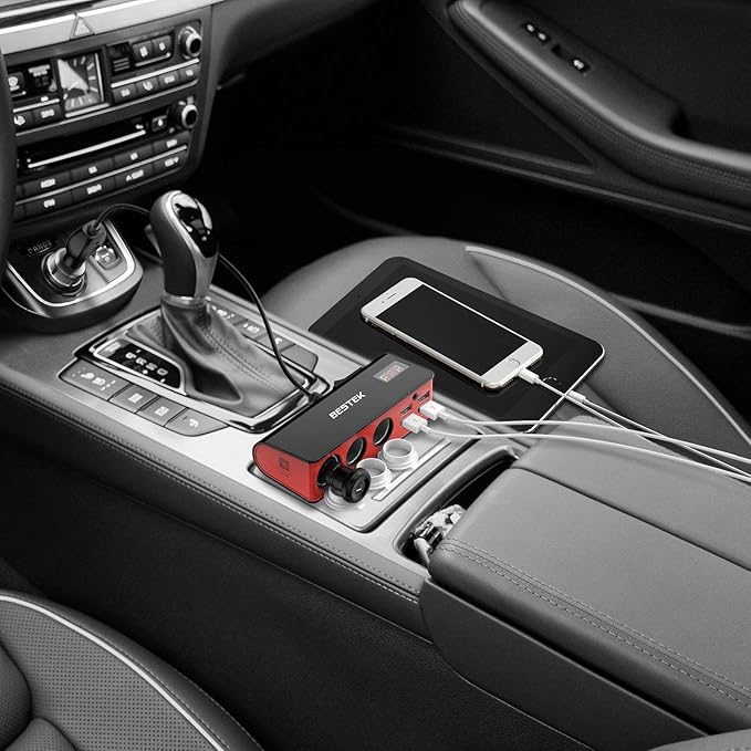 BESTEK 3-Socket Multi Port 200W Cigarette Lighter Car Power Adapter for 12V/24V DC Plug Outlet Supply 6A 4- Port Car USB Splitter Charger with Samsung Galaxy S9