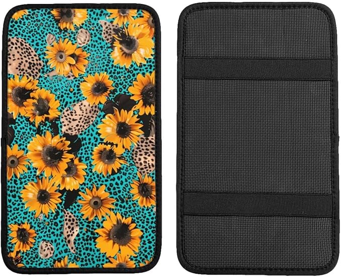 Center Console Cover Sunflower Flower Armrest Lid Cushion Pad Blue Leopard Arm Rest Cover Girly Car Accessories