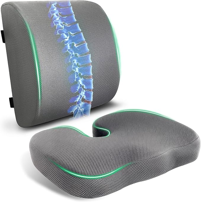 FuturaLoom Seat Cushion & Adjustable Lumbar Support Pillow Set, Charcoal Memory Foam Back & Tailbone Pain Relief, Non-Slip & Washable Cover, for Office Chair, Car Seat, Wheelchair - Grey