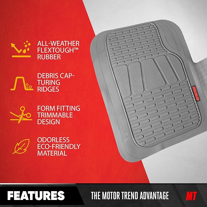 BDK Motor Trend WingRunner Heavy Duty Rubber Rear Floor Mats Liners, Back Row Non-Slip All Weather Interior Protection Universal Fit Design for Trucks Cars Sedans SUV, Fits 2nd or 3rd Row Rear - Black