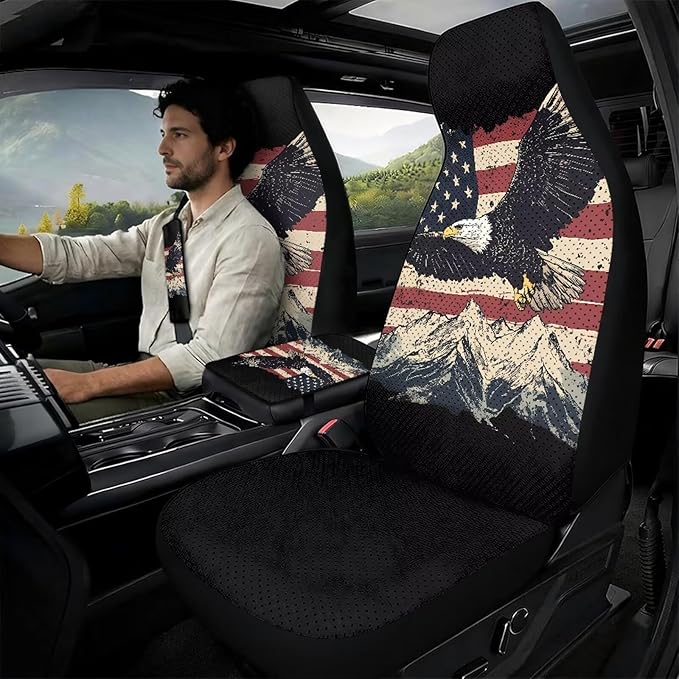 Qeluxign 5 Piece Car Seat Covers Set for Women Men PU Leather Seat Covers Belt Pads and Armrest Cover Universal Fit Car Accessories,American Flag Bald Eagle