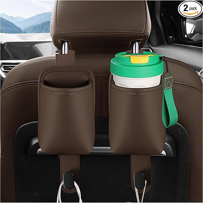 2-Pack Car Seat Back Cup Holder Organizer, Faux Leather Car Cup Holders with Hooks, Universal Backseat Storage for Drinks, Bottles & Travel Accessories (Brown)