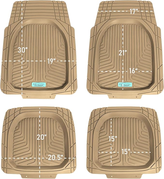 FH Group Universal Fit Heavy Duty Rubber Trimmable Tray Liners Automotive Floor Mats fits Most Cars, SUVs, and Trucks, Full Set Beige