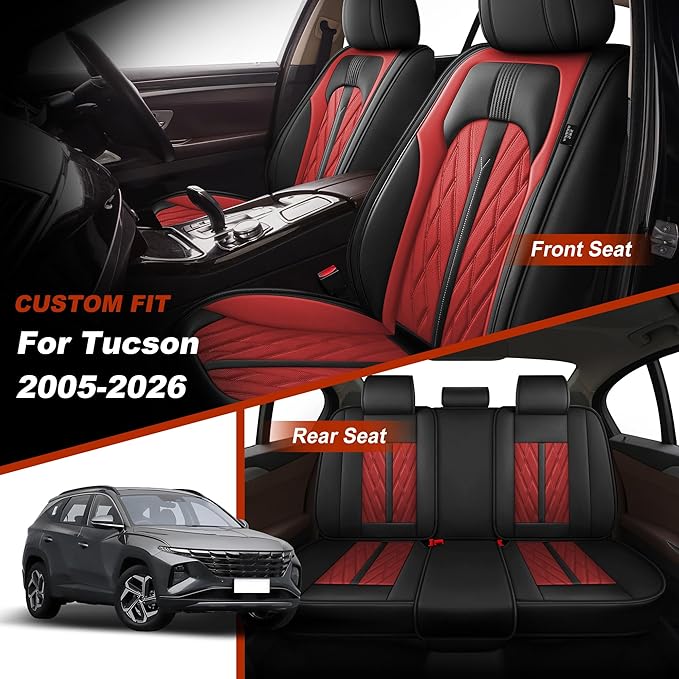 TTX LIGHTING Seat Covers Fit for Hyundai Tucson 2005-2026 Seat Covers Full Set Car Seat Covers Faux Leather Breathable Waterproof Car Seat Protector (5 Seats, Black&Red)