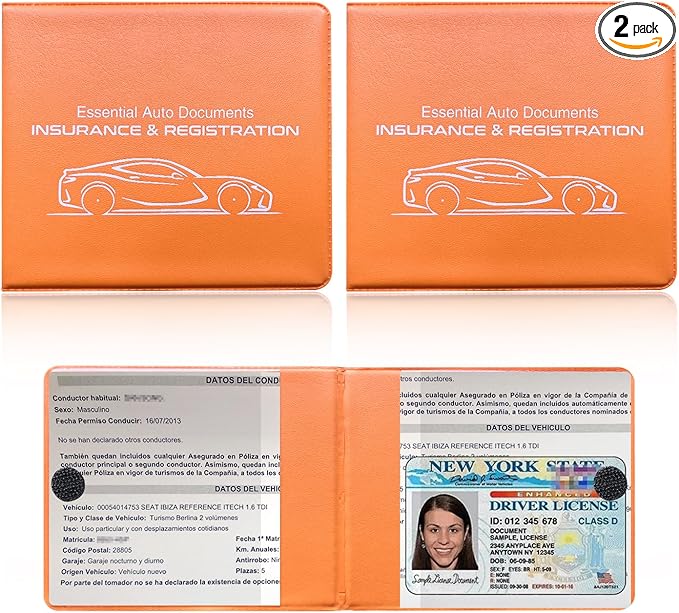 Ziciner Car Registration Insurance Holder, 2Pack Essential Auto Card Document Glove Box Organizer with Touch Fastener, Vehicle Interior Accessories Perfect for Most Car, Truck, SUV (Orange/Small Car)