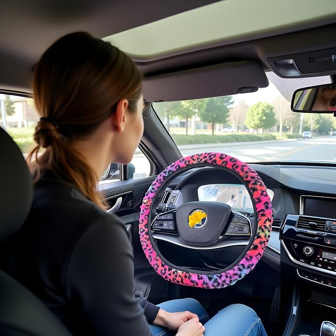 Cheetah Fuzzy Steering Wheel Cover, Girly Steering Wheel Cover, Cute Fluffy Furry Leopard Wheel Protector, Women Girl Car Christmas Decor Fit D-Shape O-Shape 14.5" to 15"