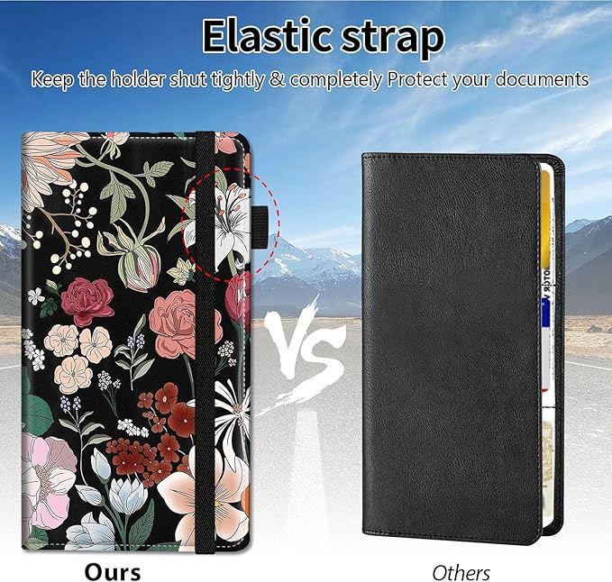 Qindaiwen Car Registration and Insurance Holder, Vehicle Card Document Elastic Band Closure Glove Box Organizer, Driver License Cards, Car Accessories for Essential Info, Flower Pattern 02