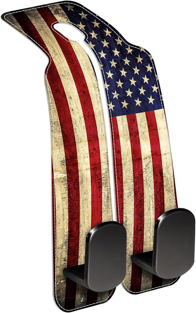 AEWNUNK Purse Hook for Car Vintage American Flag 1 Pack Headrest Back Seat Hook Premium Leather Double Metal Hanger Storage Pack Bag Purse Holder Car Interior Accessories