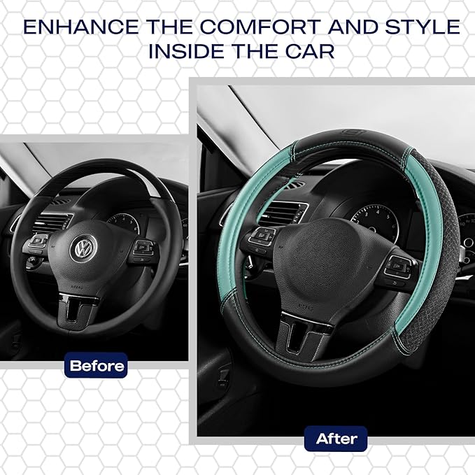 Skechers Air-Cooled Steering Wheel Cover,Air Cool Mesh Leather Car Steering Wheel Cover Universal Fit 14" 1/2-15" Car Wheel Protector for Men Women Fit Suvs,Vans,Sedans,Car,Trucks,Mint
