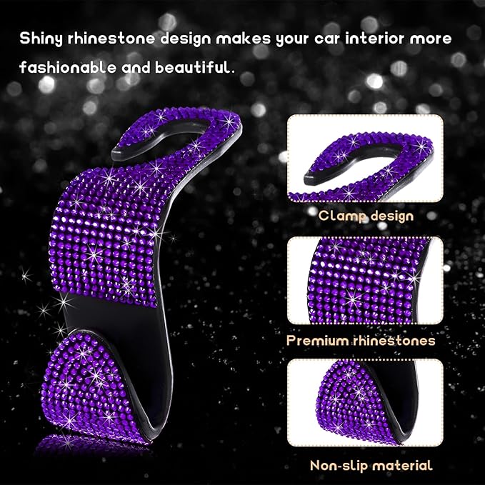 4 PCS Car Seat Headrest Hooks, Bling Rhinestone Purse Hook Vehicle Back Seat Hanger, Sparkling Crystal Headrest Hangers Storage Organizer for Grocery Bag Handbag Coats (Purple)