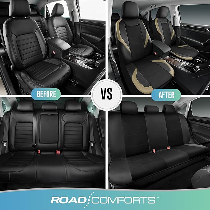 Road Comforts Car Seat Cover Full Set, Leather Mesh Seat Covers, Airbag Compatible, Universal Fit for Most Cars, SUVs, Trucks, and Vans - Beige