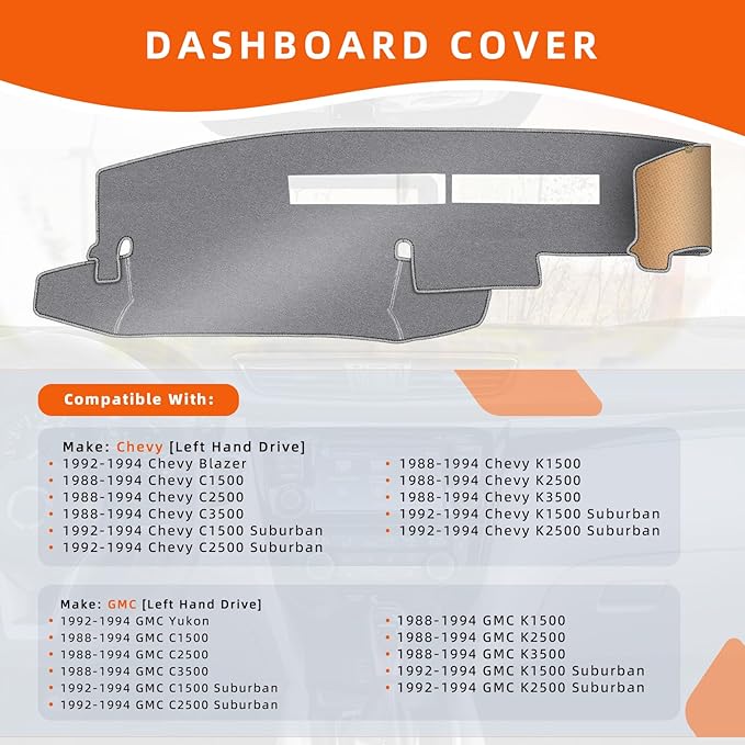 KEYOOG Dashboard Cover Dash Mat Fit for 1994-1988 G-MC/Chevy C1500 K1500 C2500 K3500 Suburban,94-92 Blazer Yukon (for Left Hand Drive),Dash Board Mat Anti-Glare Carpet,Non-Slip Pad (Grey)
