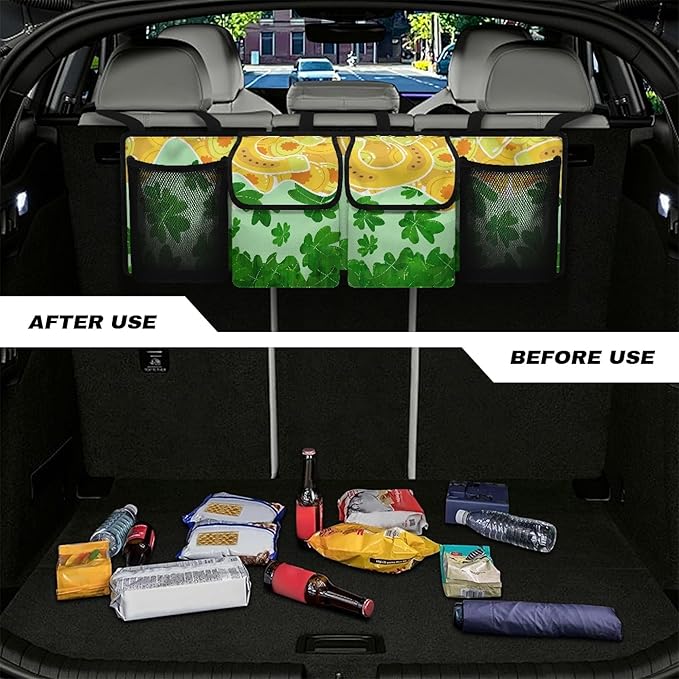 CLOHOMIN Green Leaf Car Trunk Organizer St. Patrick's Day Car Storage Organizer Washable Backseat Hanging Large Storage with Adjustable Strap Collapsible Car Storage Bag for Sedans, Trucks, SUVs