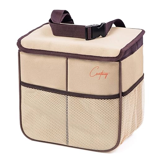 Creathing Leakproof Car Trash Can [2 Gal] Universal Garbage Bin for Cars, Trucks, SUVs | Securely Mounts on Floor, Console, or Seat (Beige)