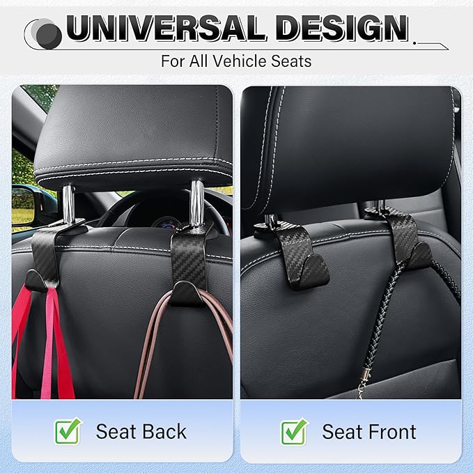 SINGARO Universal 4 Pack Car Seat Headrest Purse Hook, Carbon Fiber Back Seat Hook Storage Organizer Hanger for Purse Handbag Coat, Car Interior Accessories(Black)