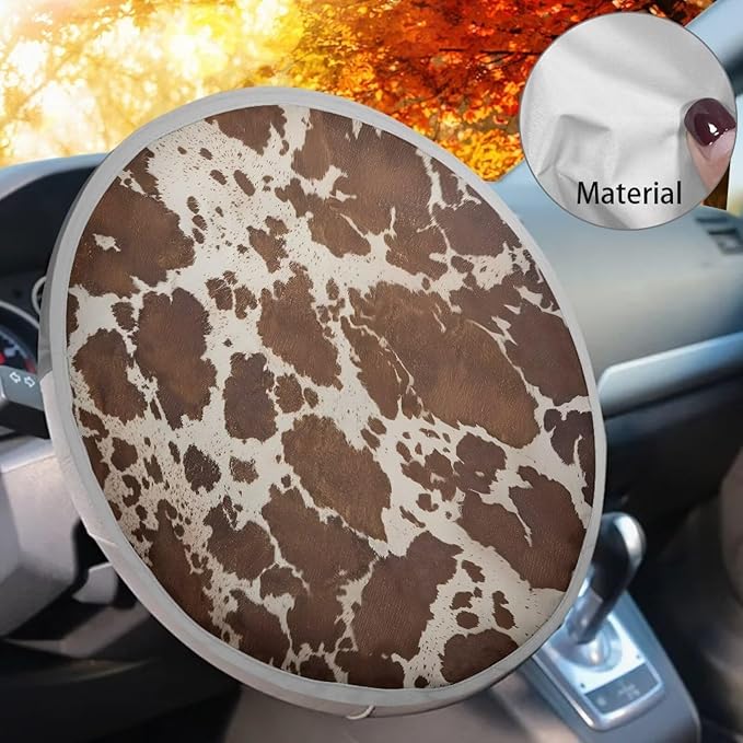 Retro Brown Cow Pattern Dustproof Steering Wheel Sun Shade Steering Wheel UV Reflector Shade Cover Vehicle Accessories for Women Men Universal Fit SUV Truck Car Van