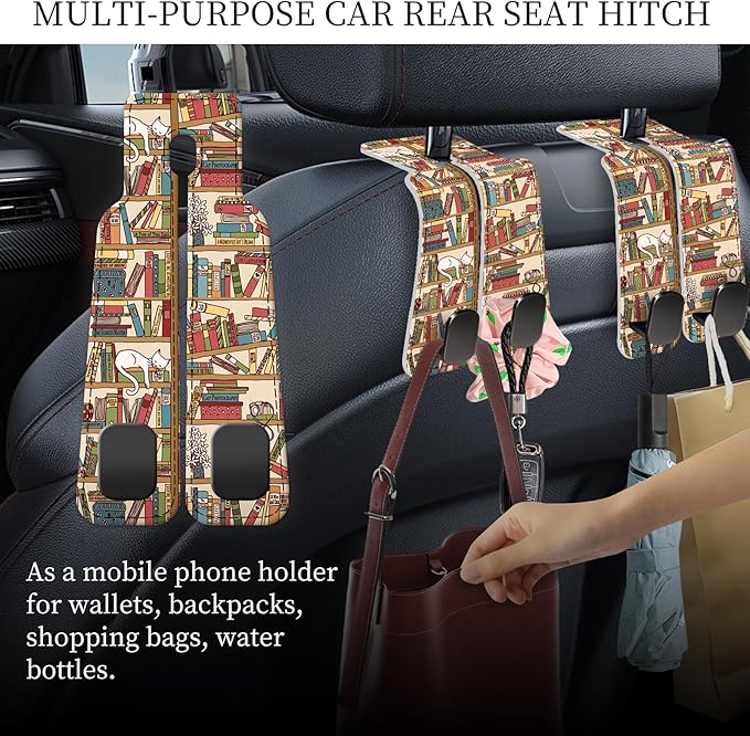 AXRQLSU PU Leather Car Seat Hook, Storage Headrest Hanger, Cute Car Backseat Organizer, Car Hooks For Purses and Bags Vintage Bookshelf Pattern