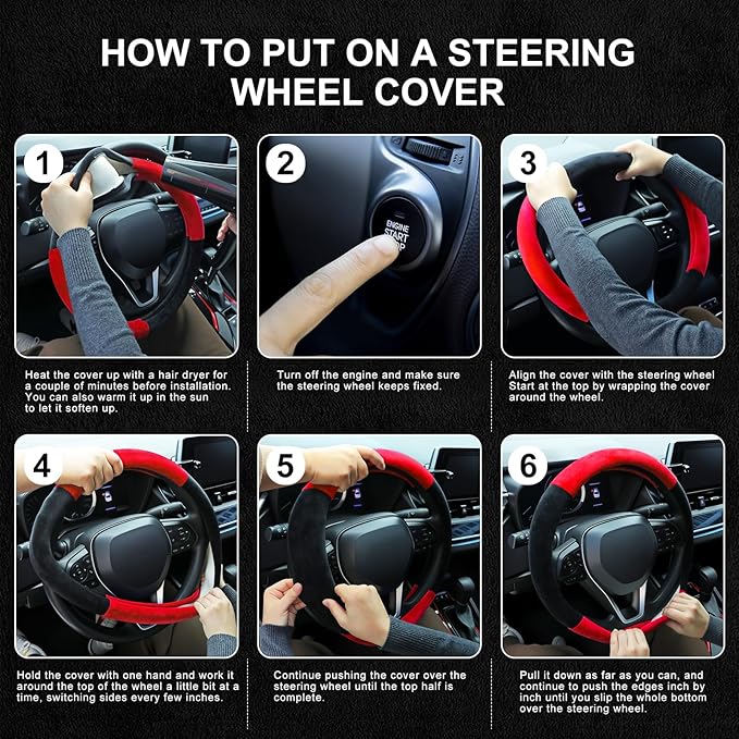 SEG Direct Steering Wheel Cover for Car, Standard Size 14.5-15 inch, Auto Interior Accessories, Warm Plush, Summer Winter, Black and Red