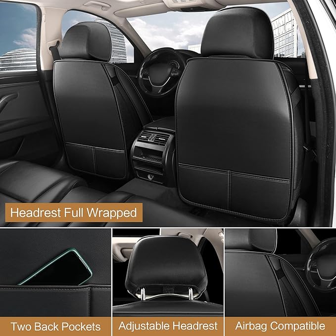 HAIYAOTIMES Leather Car Seat Covers Front Pair, Waterproof Faux Leather Seat Covers for Cars, Non-Slip Car Interior Covers Universal Fit for Most Cars Sedans Trucks SUVs, Black