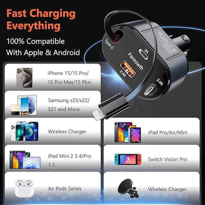 Fereowth Retractable Car Charge 4 in 1 Fast Car Phone Charger Adapter PD 62W Phone Retractable Cables (31.5 inch) and 2 USB Ports Car Charger， Compatible with iPad,Samsung,Pixe iPhone 15/14/13, Black