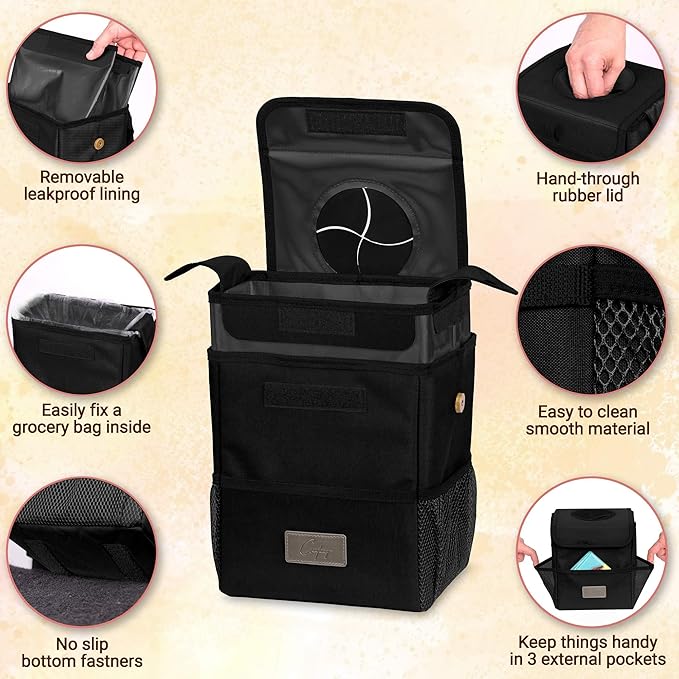 Creathing Car Trash Can [Touring Edition] - Removable Liner - 100% Leakproof, Odor Control Lid, Hanging Garbage Bin for SUV, Truck, Car (2 Gal, Black)