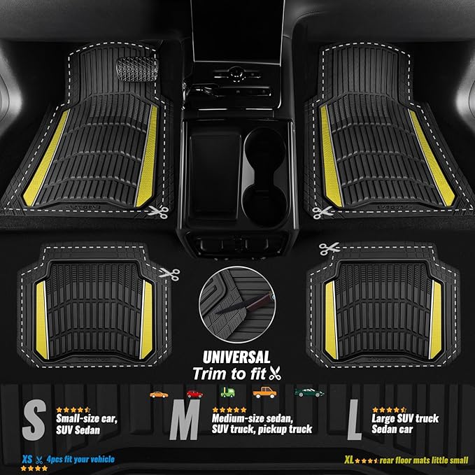 CAR PASS Heavy Duty Rubber Car Floor Mats, Deep Waterproof Car Floor Mats All Weather, Aluminum Film Floor Mats for Cars Non-Slip Universal Trim to Fit for SUV Trucks Sedans Vans,Black Yellow Metallic
