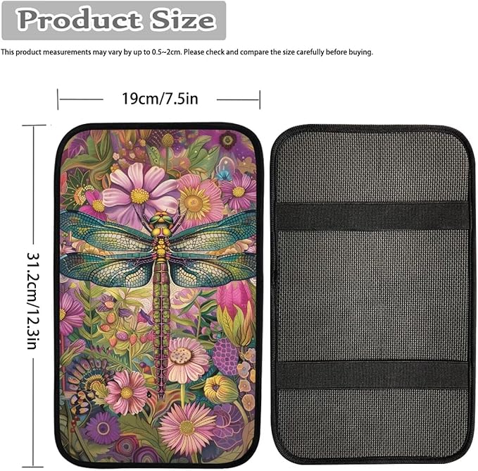 Mintutlipy Colorful Dragonflies and Flowers Car Armrest Cover Car Arm Rest Pad Car Interior Accessories for Men Women Dust Proof Car Center Console Protector