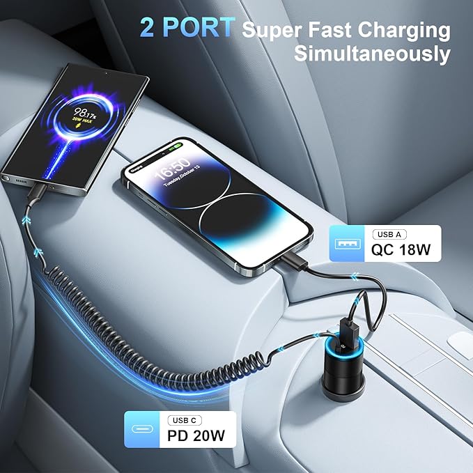 Car Charger USB C,38W Super Fast Car Adapter with PD 3.0 Bulit in 3.5FT USB C Coiled Cable,Car Phone Charger Fast Charging Compatible with iPhone 16/15 Pro Max,Galaxy S25/S24/S23 Note 20/10,Pixel