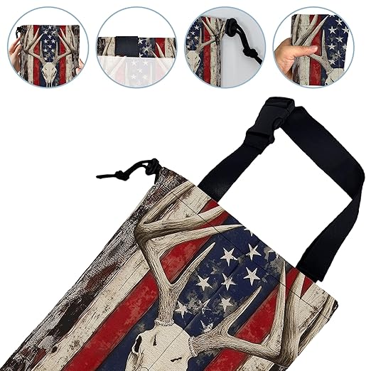 Bucks Antlers Skull Car Garbage Bag,American Flag Small Car Trash Bag Hanging Back of Seat,Drawstring Car Trash Bag with Adjustable Buckle,Car Accessories for Camping Travelling