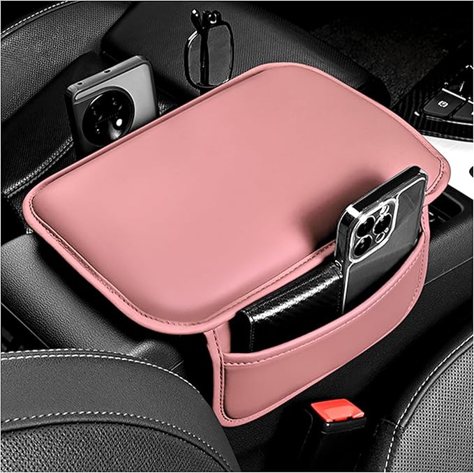 Stacool Center Console Cover with Storage Bag,Leather Comfort Armrest Cover for Car Decorations & Height Car Armrest Cushion,Universal Car Arm Rest Cover Pad for Most Vehicles (Pink)