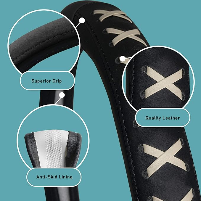 FH Group Universal Fit 15 Inch Genuine Leather with Lace-Up Detailing Steering Wheel Cover fits Most Cars, SUVs Black