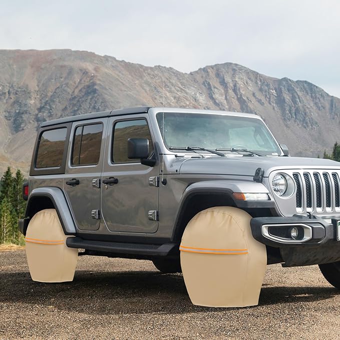 JURMON Tire Covers 4 Pack,Tough Tire Wheel Protector for Jeep, Camper, SUV, Travel Trailer,RV, Truck,Universal Outdoor Waterproof Anti-UV Snow Sun Rain Set Fits Tire Diameters 27-29 Inches