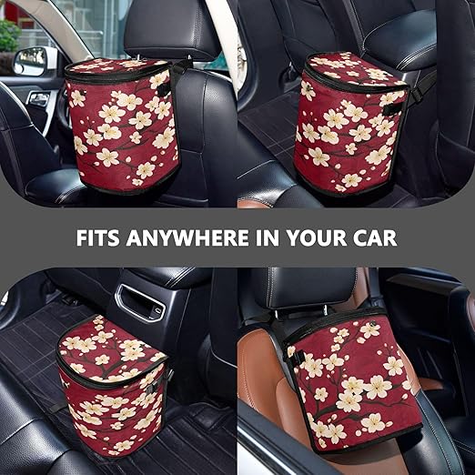 MNSRUU Car Trash Can with Lid, Vintage Floral Cherry Blossom Car Trash Bag Hanging Organizers and Storage for Front Back Seat, Leak-Proof Trash Bin
