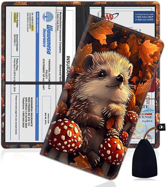 Car Document Holder with Magnetic Shut, Car Registration and Insurance Card Holder, Vehicle Glove Box Organizer Documents, Driver License, Auto Paperwork Organizer Wallet, Hedgehog In Mushroom