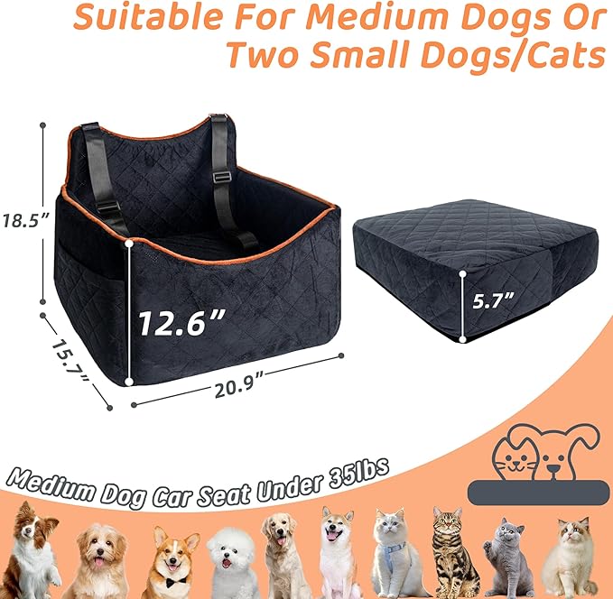 Dog Car Seat for Medium Sized Dogs 30 lbs, Safety Booster Seat for Small Dogs Hooks to The Seatbelt & with Elevated Cushion, Soft Waterproof Washable Small Dog Car Seat with Storage Pockets (Black)