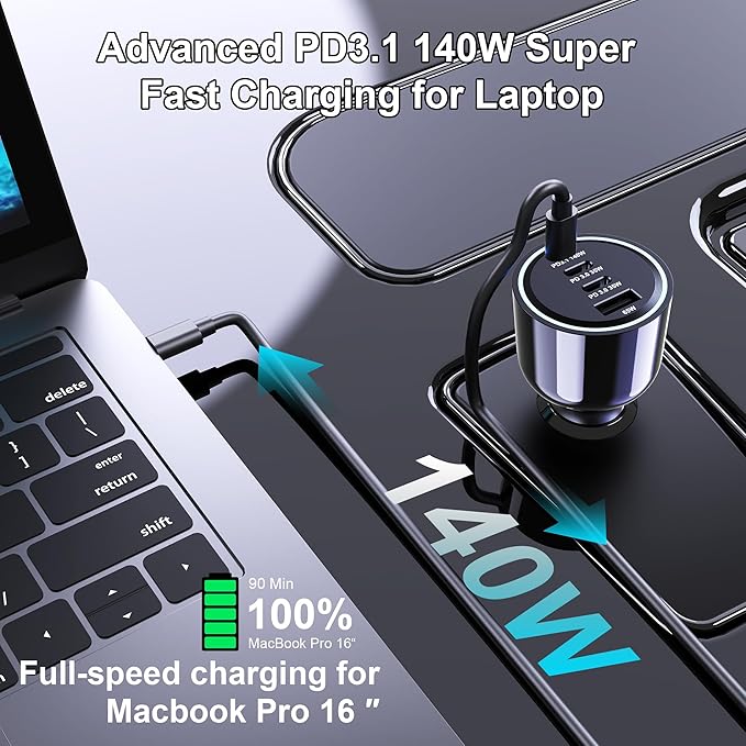 URVNS 240W 4-Ports USB C Car Charger Bundle with a 380W 7-Ports USB C Charging Station with LED Display