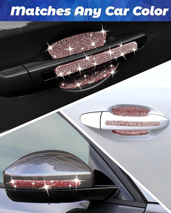Bling Car Door Handle Protector, 10 PCS, Red Sparkling Rhinestone Cars Door Protective Cover, Anti-Scratch Auto Handles Sticker, Universal Bling Car Accessories for Women