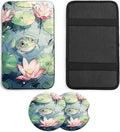 JANENFNA Car Armrest Cover Pads Universal Fashion Cute Auto Center Console Armrest Cover Pad with 2PCS Car Coasters Soft Waterproof Car Armrest Seat Protector for Women,Cute Frog in Pond
