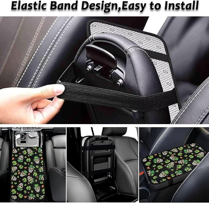 Bulopur St. Patrick's Skull Car Center Console Cover Protector Arm Rest Car Flannel Comfortable Auto Armrest Console Accessories Universal Fit Most Cars Women Men