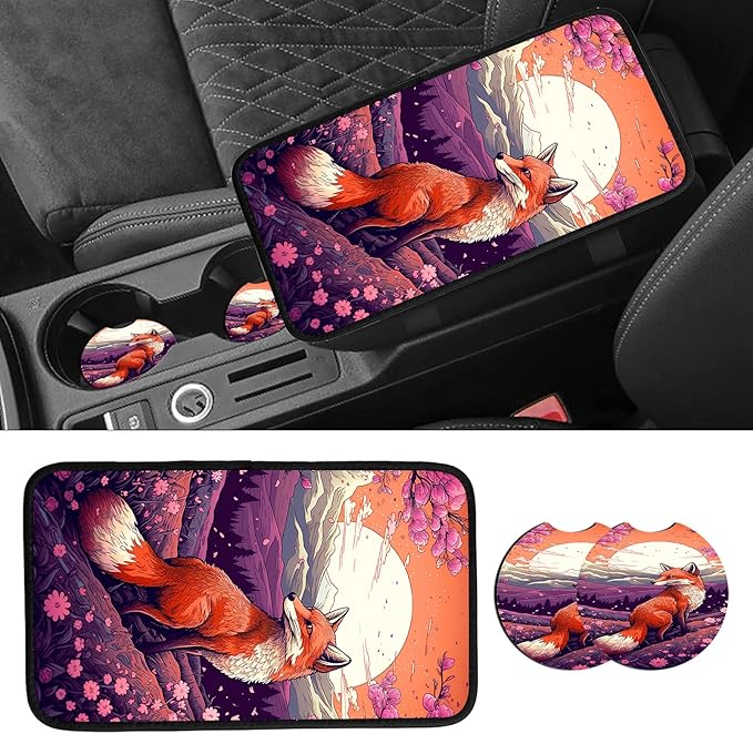 JANENFNA Car Armrest Cover Pads Universal Fashion Cute Auto Center Console Armrest Cover Pad with 2PCS Car Coasters Soft Waterproof Car Armrest Seat Protector for Women,Japanese Fox