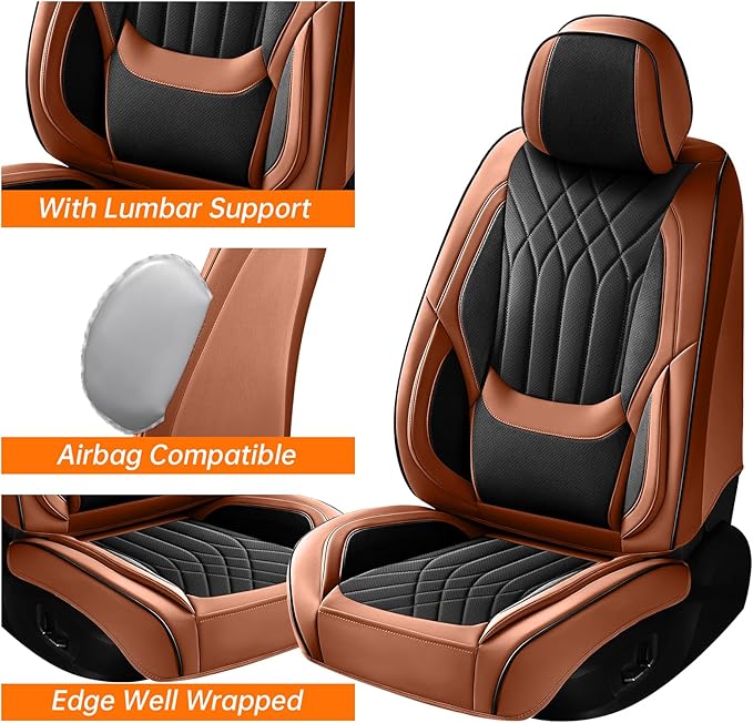 GEZHOUBA Black Brown Car Seat Covers Full Set, Luxury Leather Brown Seat Covers for Front and Rear Seats Waterproof Anti-Slip Full Wrapped Universal Fit for Most 5-Seater Cars SUVs