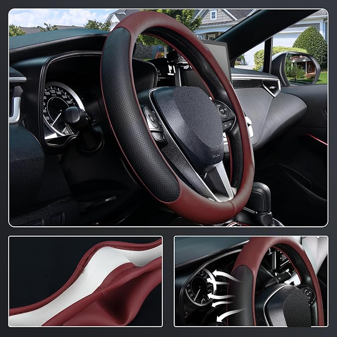SEG Direct Steering Wheel Cover for 14.5-15 inch Wheels, Breathable PU Leather with Perforated Sides, Anti-Slip Grip, Universal Fit for Cars & SUVs, Black and Burgundy