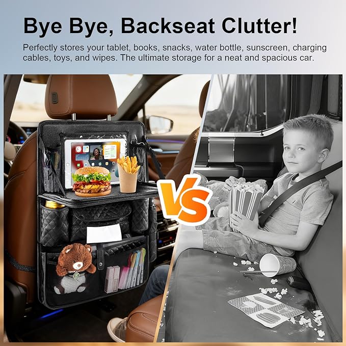 Rosynee Car Backseat Organizers 2-Pack with Foldable Tray - PU Leather Back Seat Car Organizers with 11 Storage Pockets, Tablet Holders, Kick Mats Protectors for Kids Family Travel Essentials (Black)