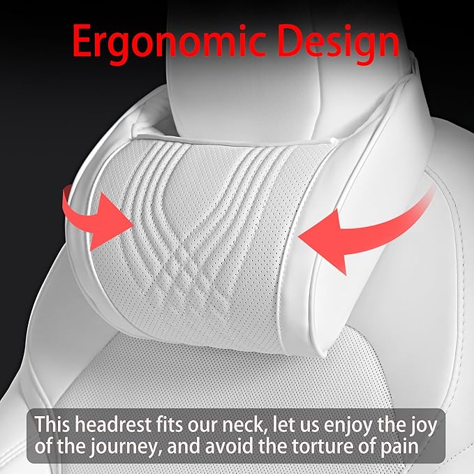 Dapucarin Car Headrest Memory Foam Neck Pillow for Driving with Leather Cover Soft Comfortable Seat Head Pillow Cushion for Most Cars SUV Sedan Home Office, White, 1PC