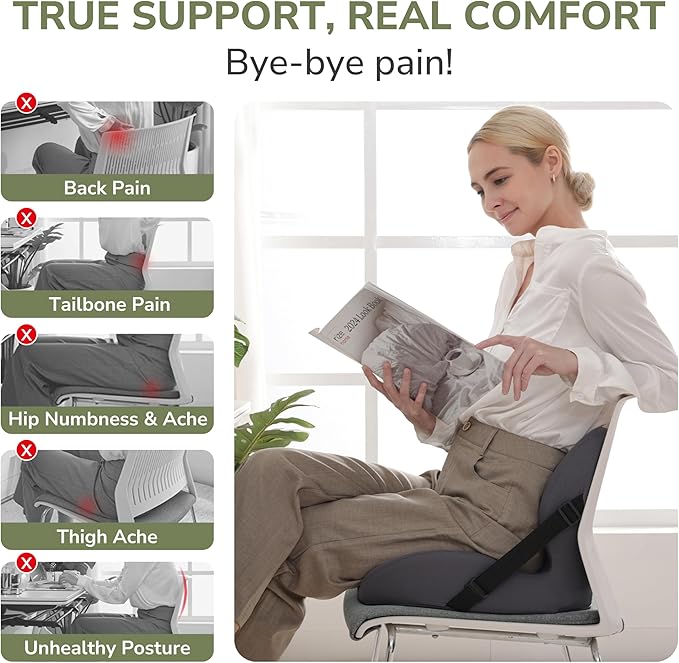 EGOHOME L-Shaped Seat Cushion for Office Chair & Car, Memory Foam Coccyx Cushion with Lumbar Support - Relieves Tailbone, Sciatica, Lower Back Pain, Adjustable Strap & Non-Slip Bottom, Grey