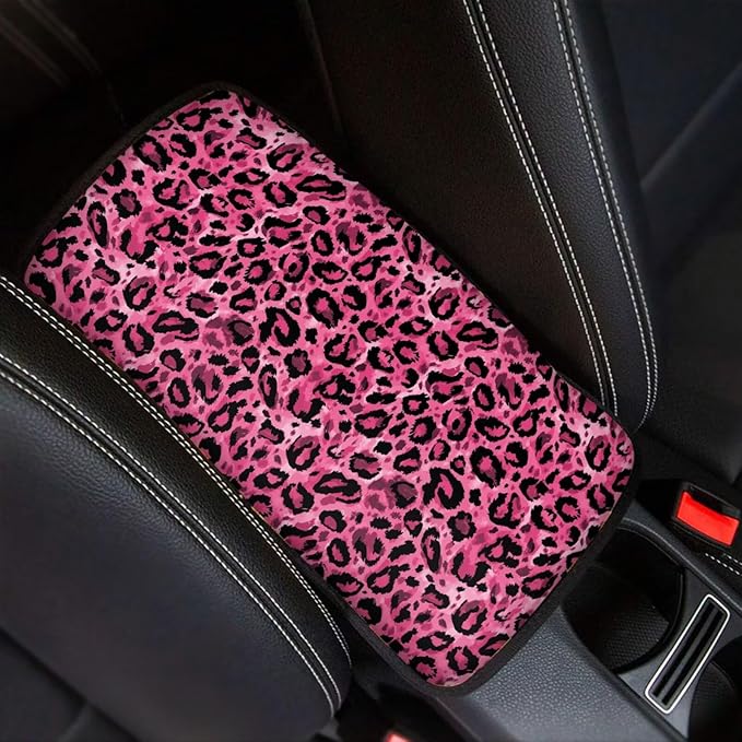 Pink Leopard Print Car Center Console Covers for Women,Car Armrest Cover Pads,Universal Animal Print Car Accessories